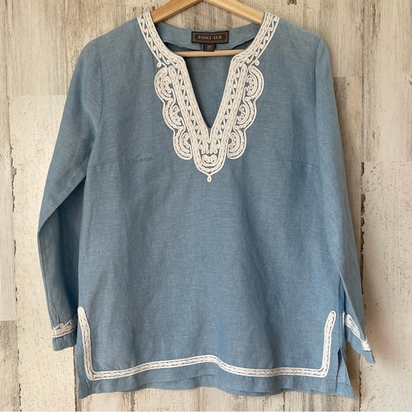 J. Crew Tops - Point Sur J. Crew Blue White Linen Cotton Blend Blouse Size XS